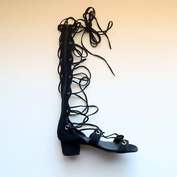 Jeffrey Campbell Bryndis Black Suede Leather Block Heel Lace-up Gladiator Sandal - Picture 7 of 13